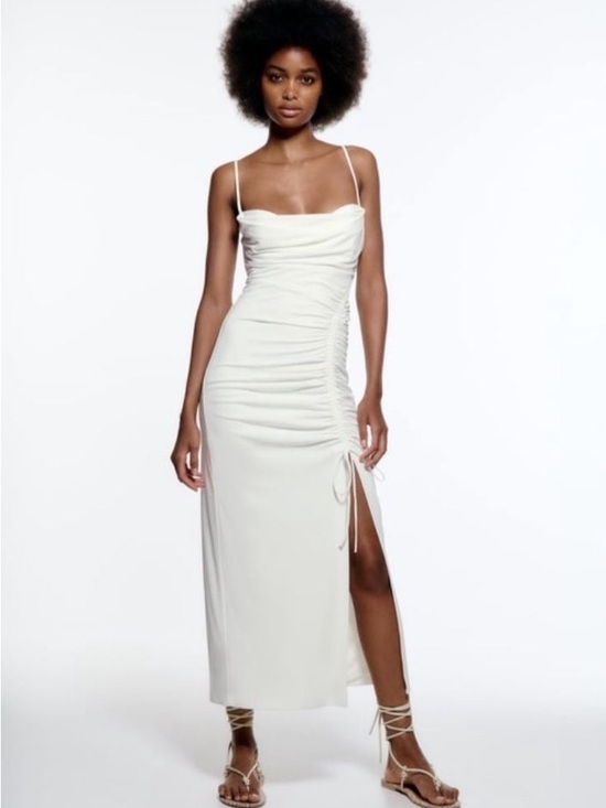 Zara Dresses & Skirts - Zara White Ruched Cowl Neck Maxi Dress